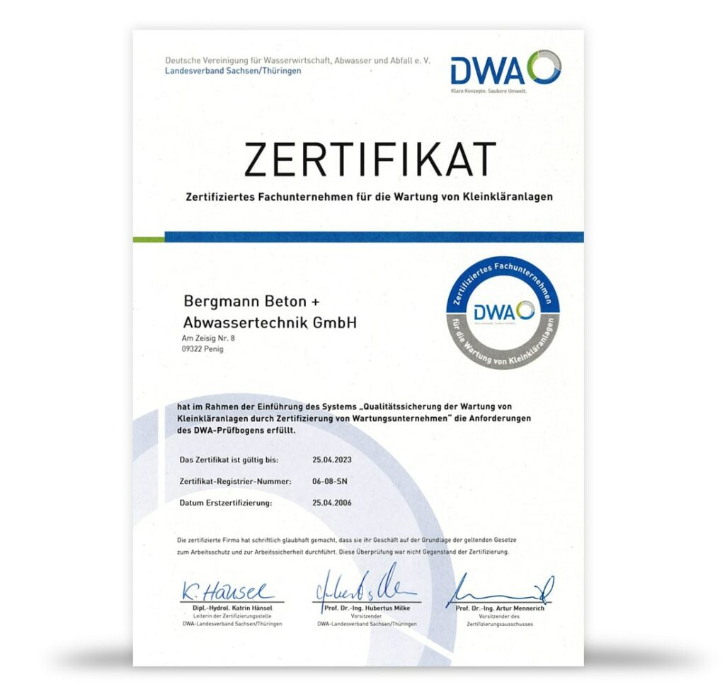 Wartung von Kleinkläranlagen - Zertifikat der DWA für Bergmann Beton + Abwassertechnik